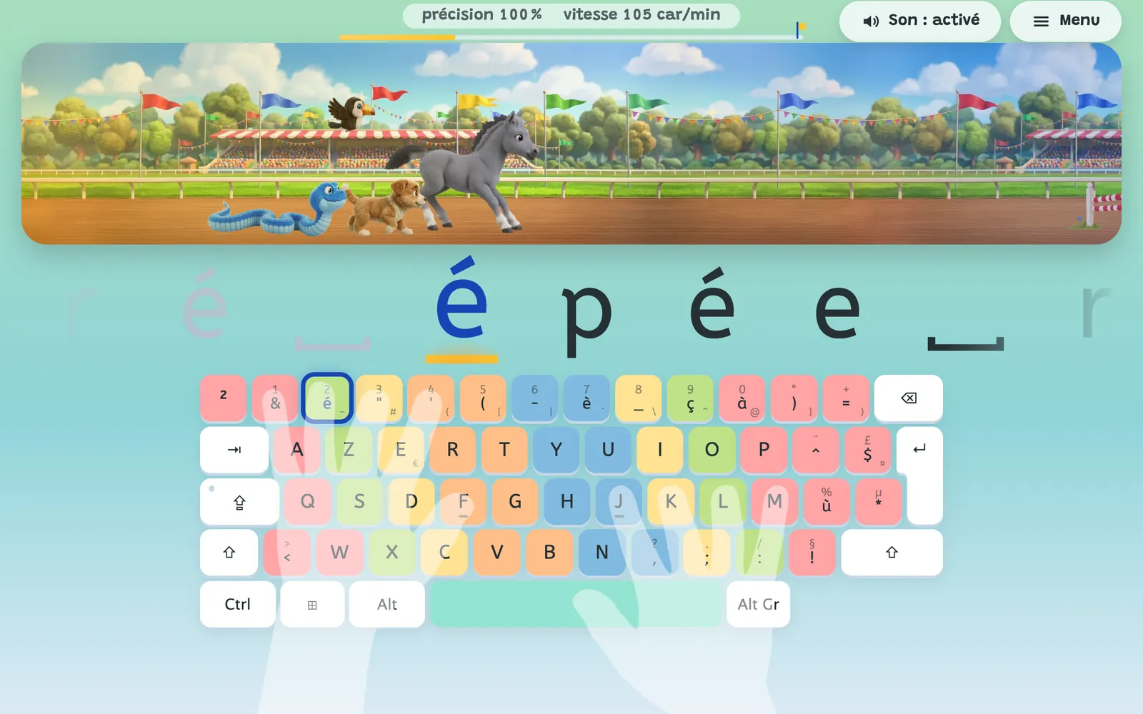 Une course à l'hippodrome : le poulain galope, le mot « épée » est à taper, la touche é est entourée sur le clavier AZERTY dessiné et deux mains montrent le doigt