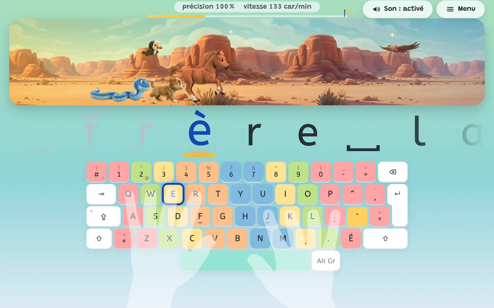Le mot « frère » sur un clavier canadien français : l'accent grave est déjà tapé, la touche E est entourée pour finir le è