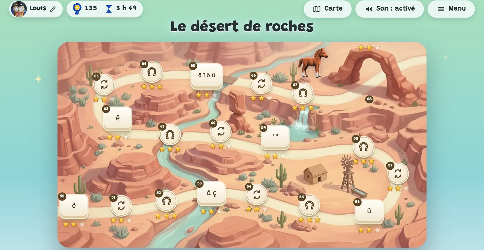 Le chemin du désert de roches : un rond pour è, à et ç, ù, l'apostrophe et les guillemets, ê, puis â, î, ô, û