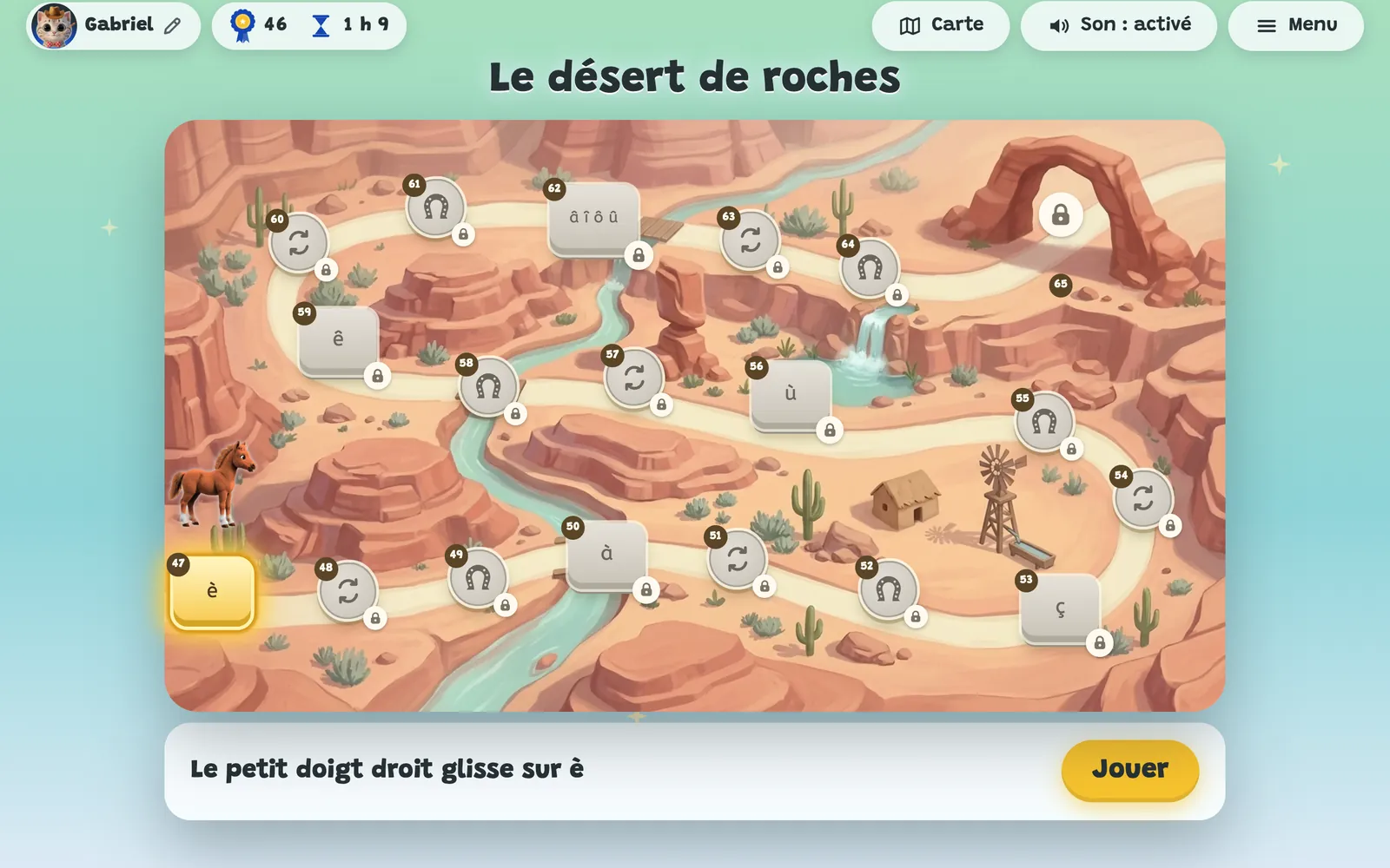Le chemin du désert de roches : un rond pour è, à, ç, ù, ê, puis â, î, ô, û
