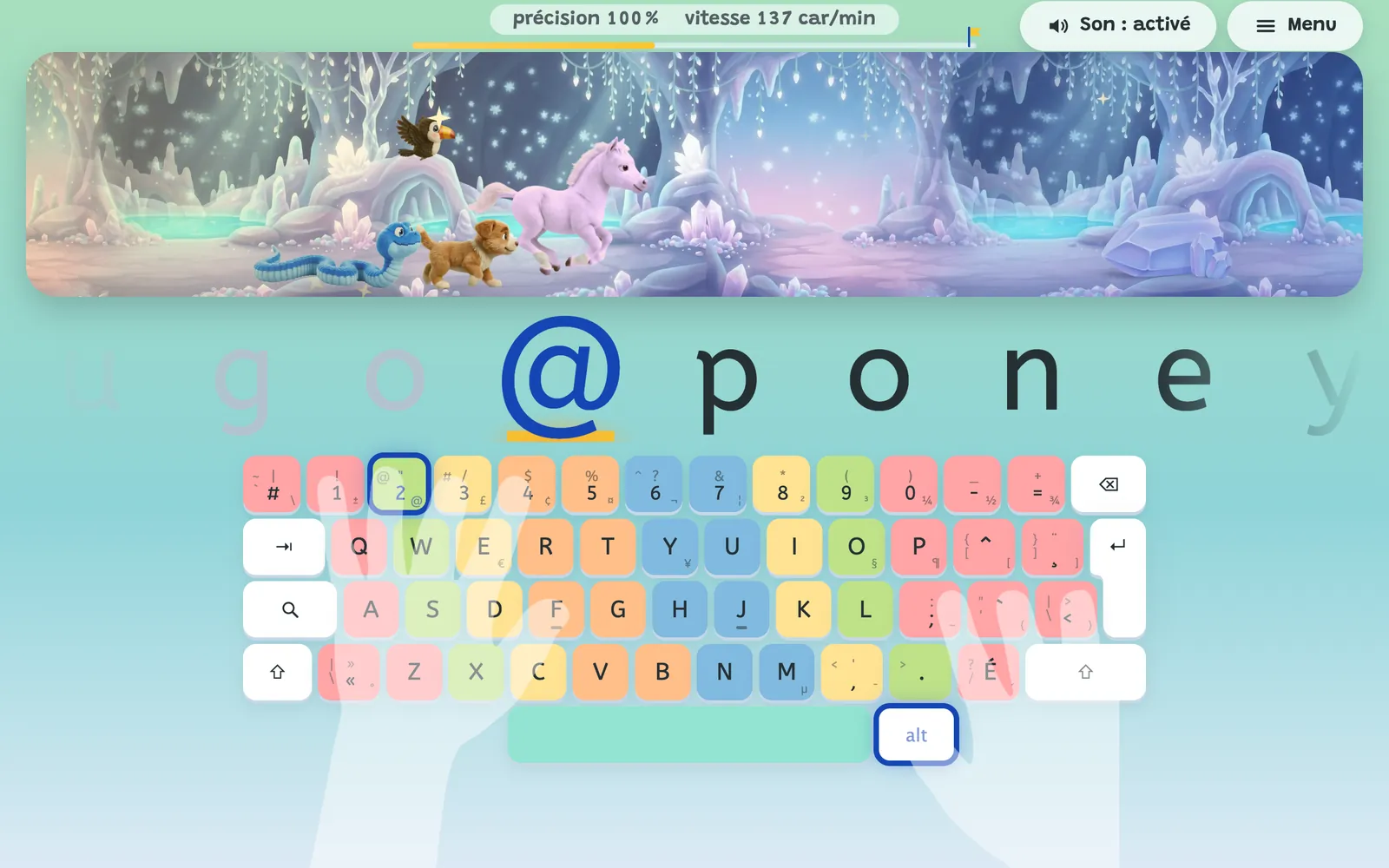 Le clavier d'un Chromebook canadien dessiné dans la grotte de cristal : pour @, la touche alt et la touche 2 sont entourées