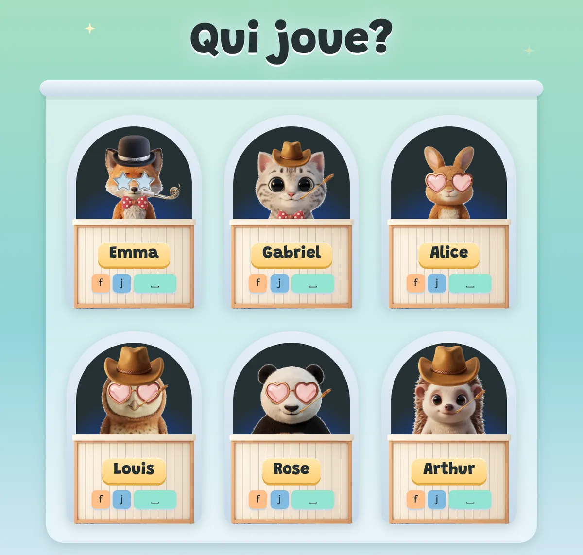 L'écurie « Qui joue? » : six joueurs, chacun avec son animal