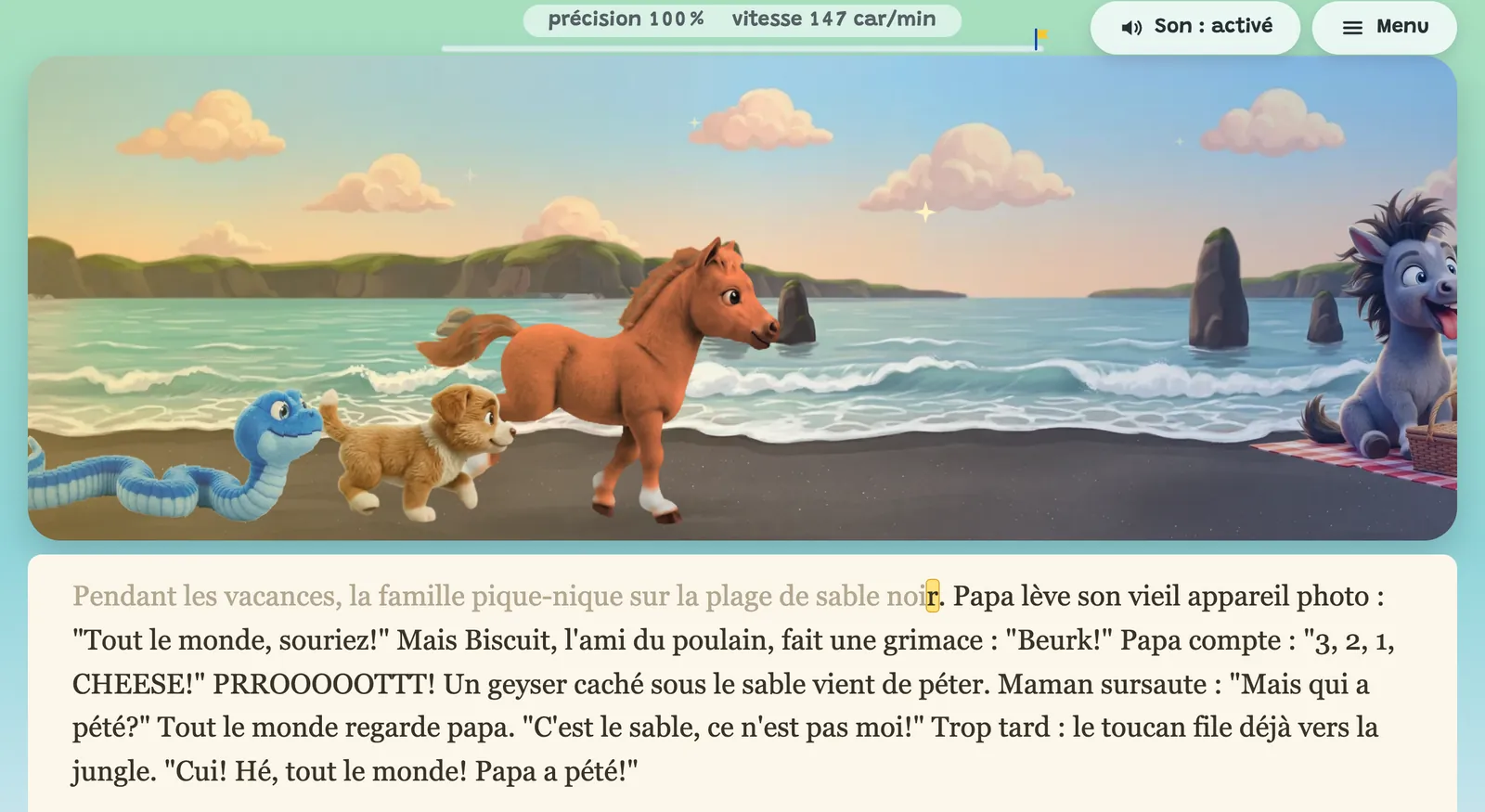 Une histoire à taper : le poulain et ses amis sur une plage de sable noir, le texte en dessous