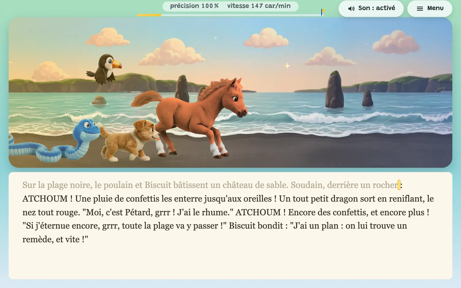 Une histoire à taper sur une plage noire : « ATCHOUM ! », avec une espace avant le point d'exclamation