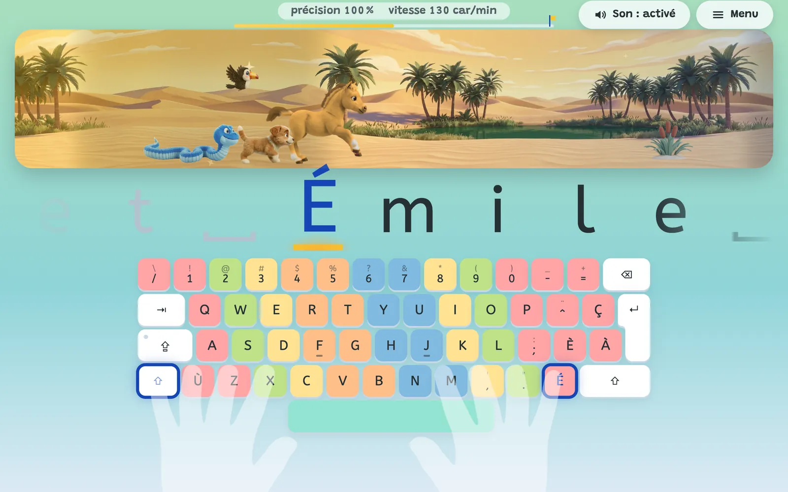 Le prénom « Émile » à taper dans l'oasis : la touche Maj de gauche et la touche É sont entourées