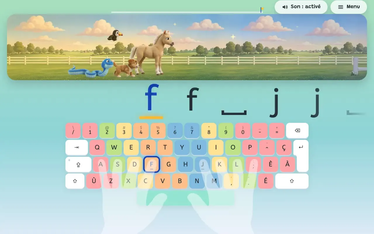 Une partie de Galopop : le poulain galope au-dessus du clavier dessiné